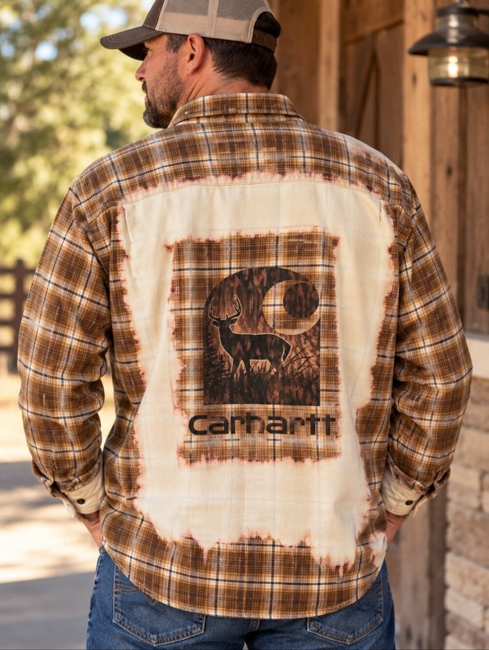 Upcycle Brown Plaid Button-Down Shirt with Graphic Back Panel